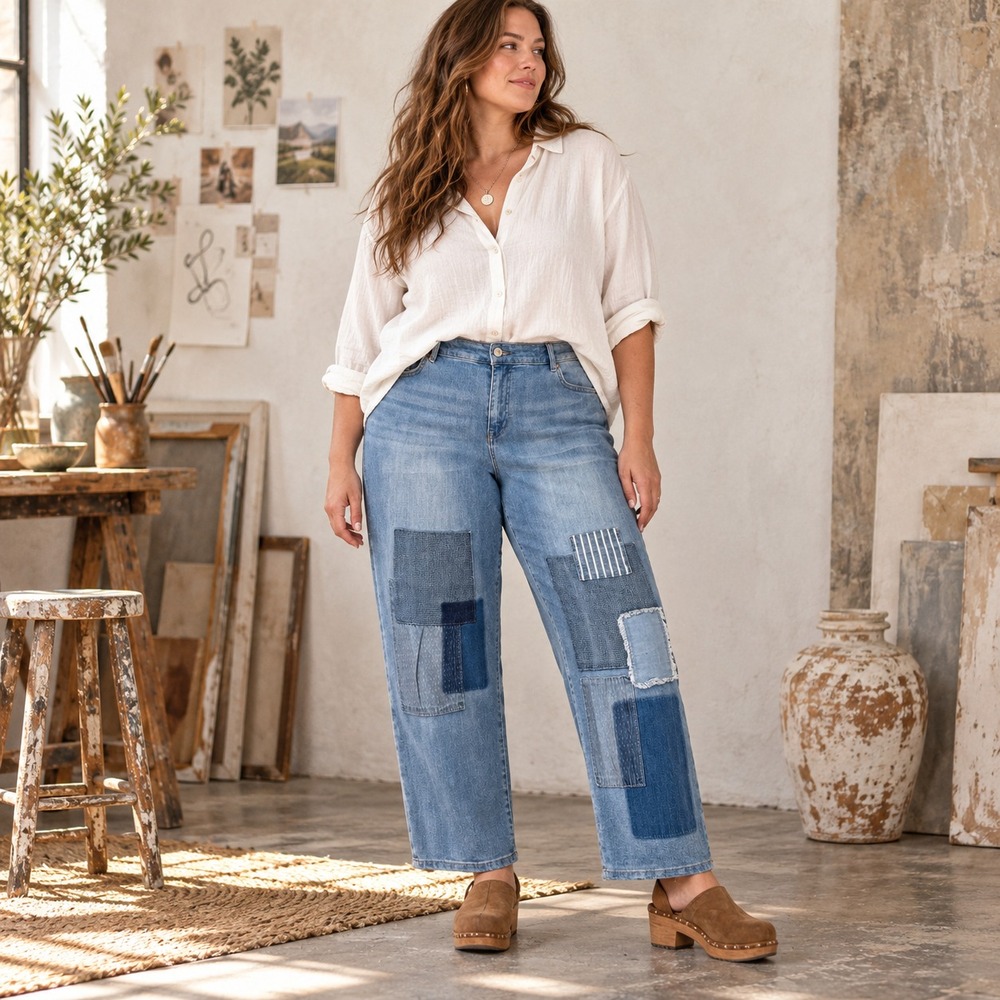 LOGO Lavish Boyfriend Patchwork Jeans Plus Size 18WP Boho Artsy Upcycled Look